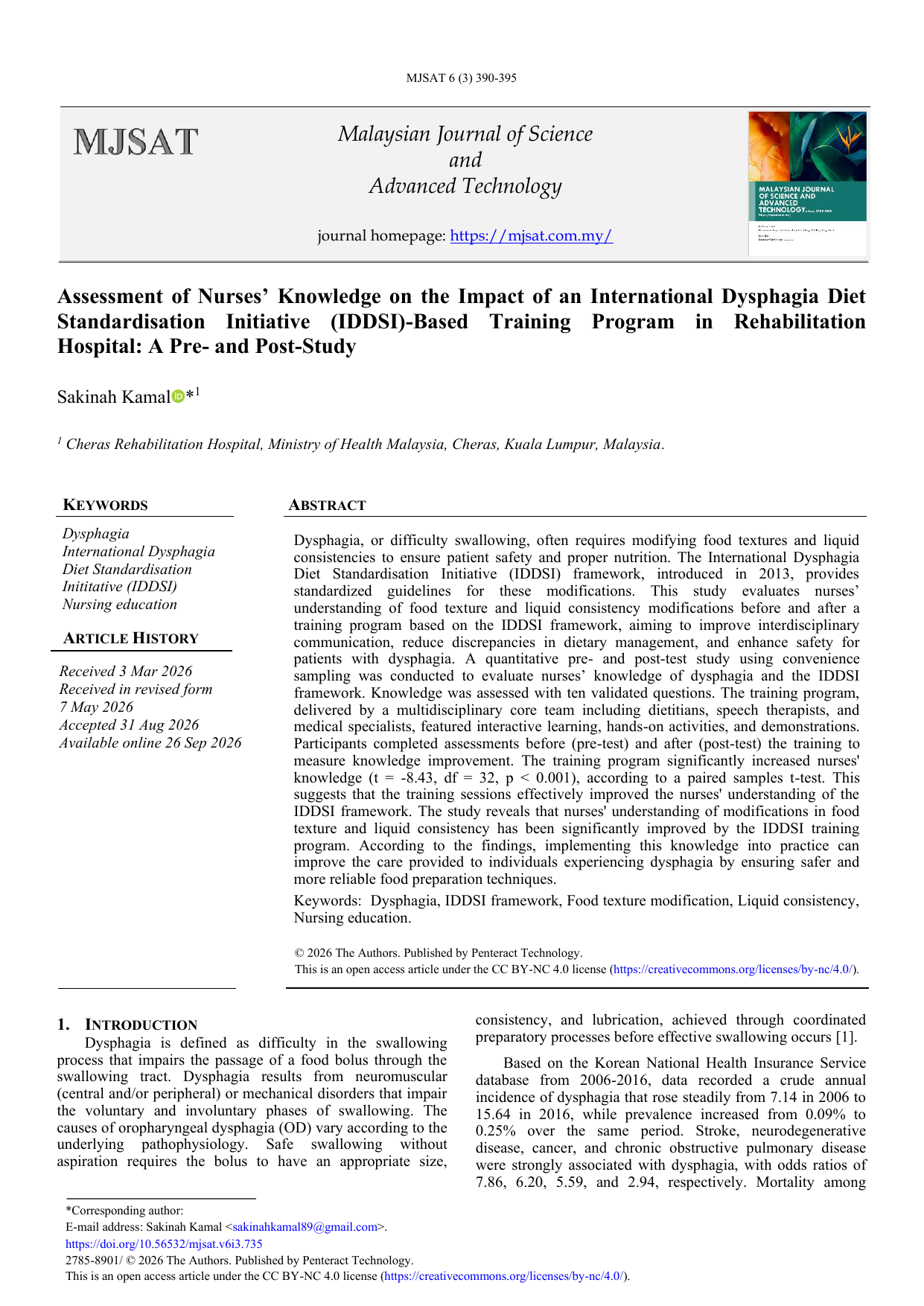 Assessment of Nurses' Knowledge on the Impact of an International Dysphagia Diet Standardisation Initiative (IDDSI)-Based Training Program in Rehabilitation Hospital: A Pre- and Post-Study