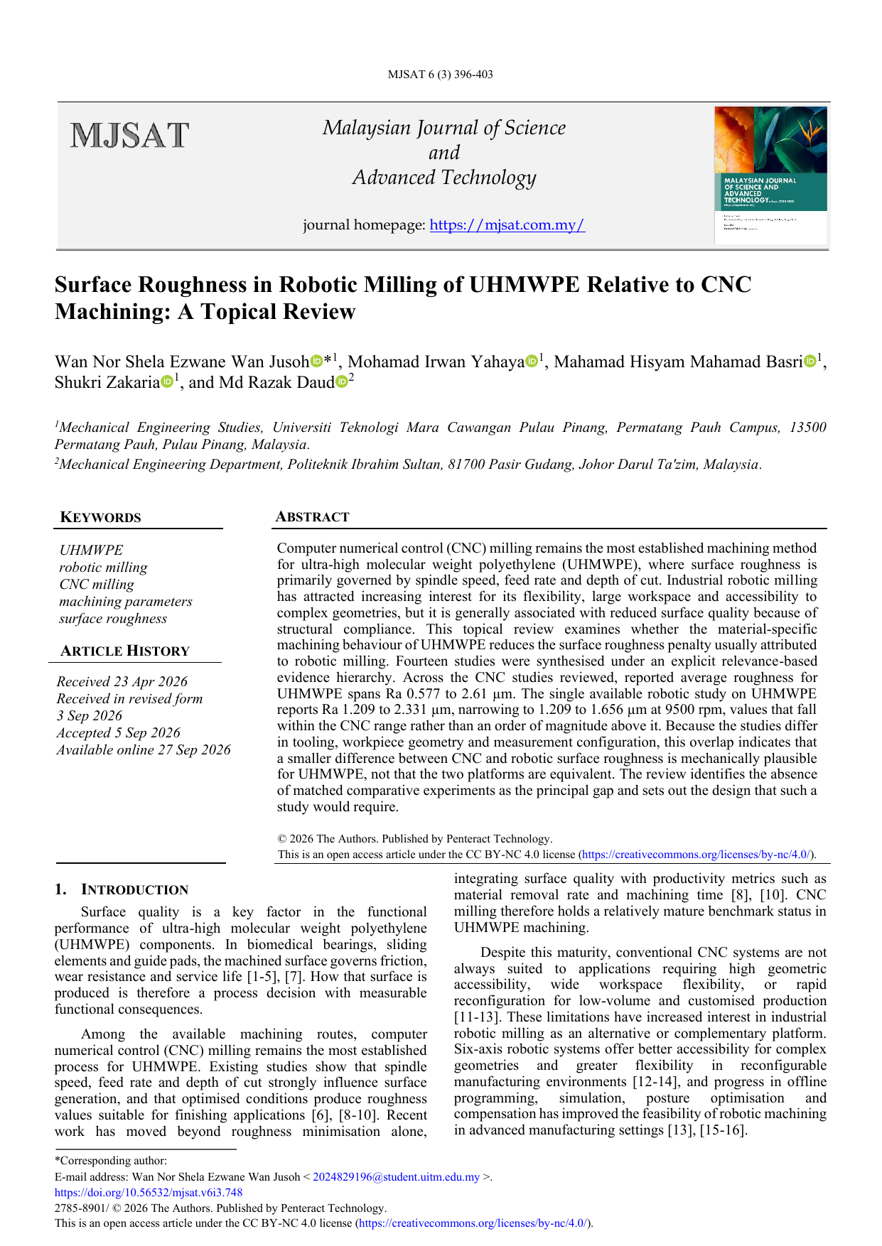 Surface Roughness in Robotic Milling of UHMWPE Relative to CNC Machining: A Topical Review