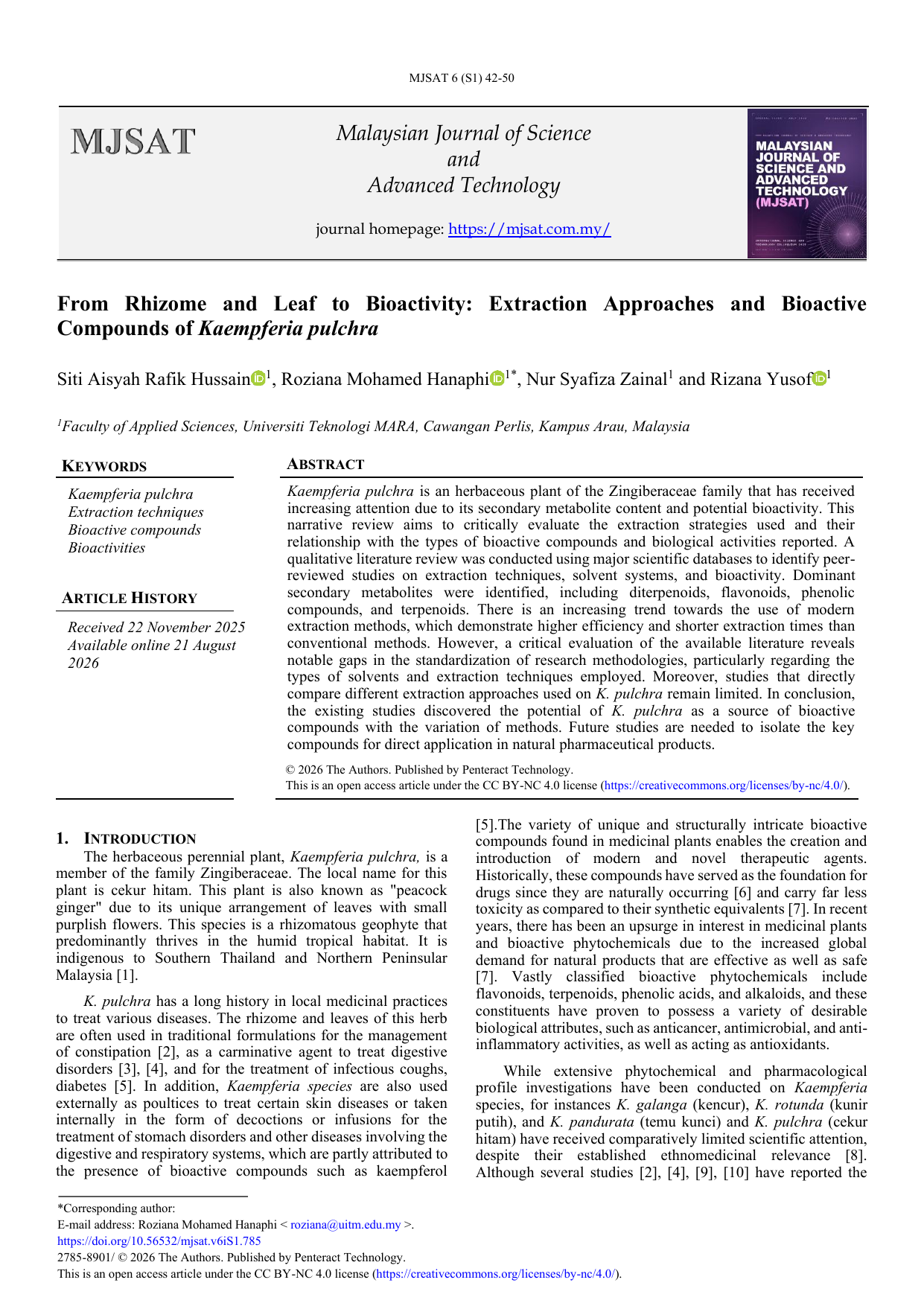 From Rhizome and Leaf to Bioactivity: Extraction Approaches and Bioactive Compounds of Kaempferia pulchra