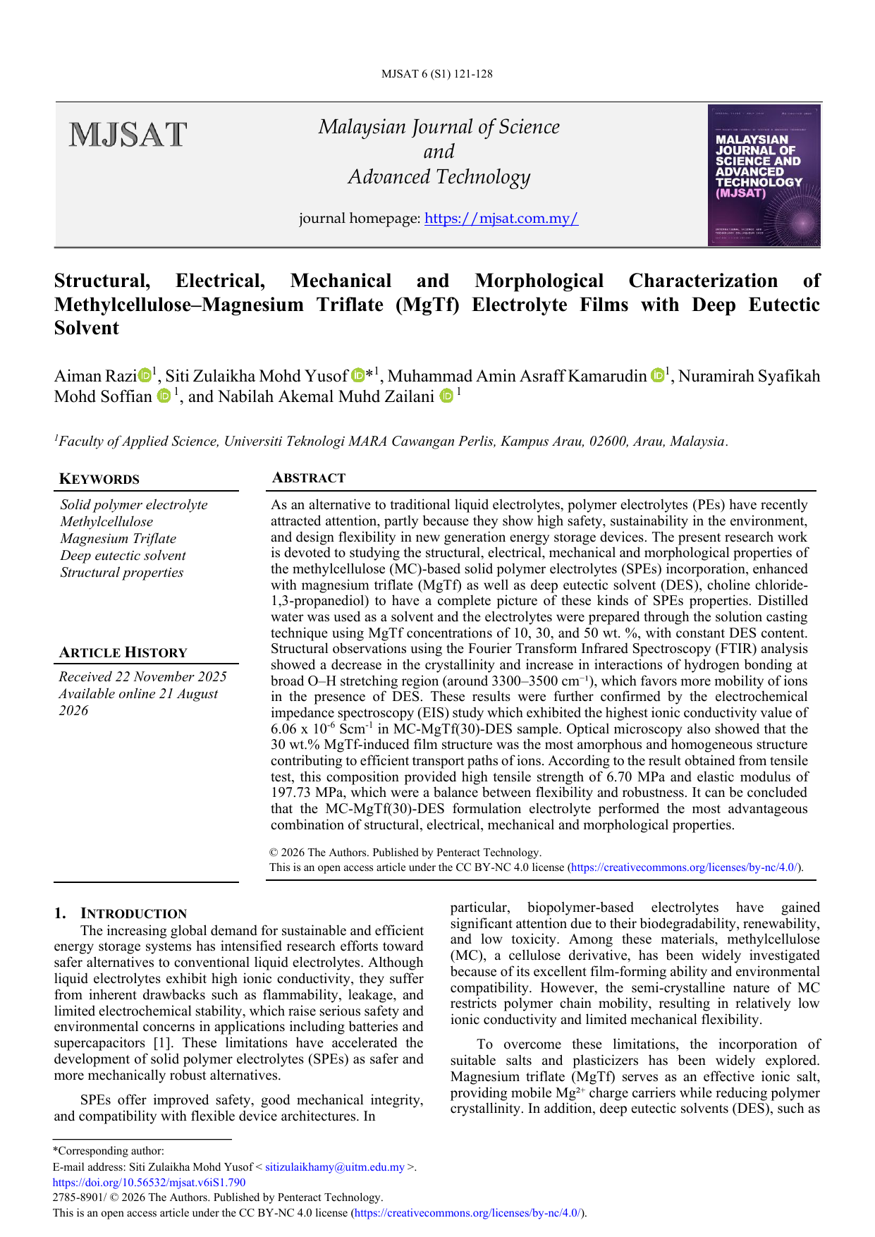 Structural, Electrical, Mechanical and Morphological Characterization of Methylcellulose-Magnesium Triflate (MgTf) Electrolyte Films with Deep Eutectic Solvent