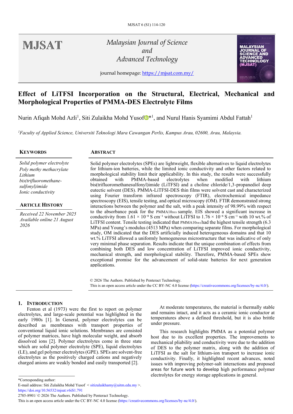 Effect of LiTFSI Incorporation on the Structural, Electrical, Mechanical and Morphological Properties of PMMA-DES Electrolyte Films
