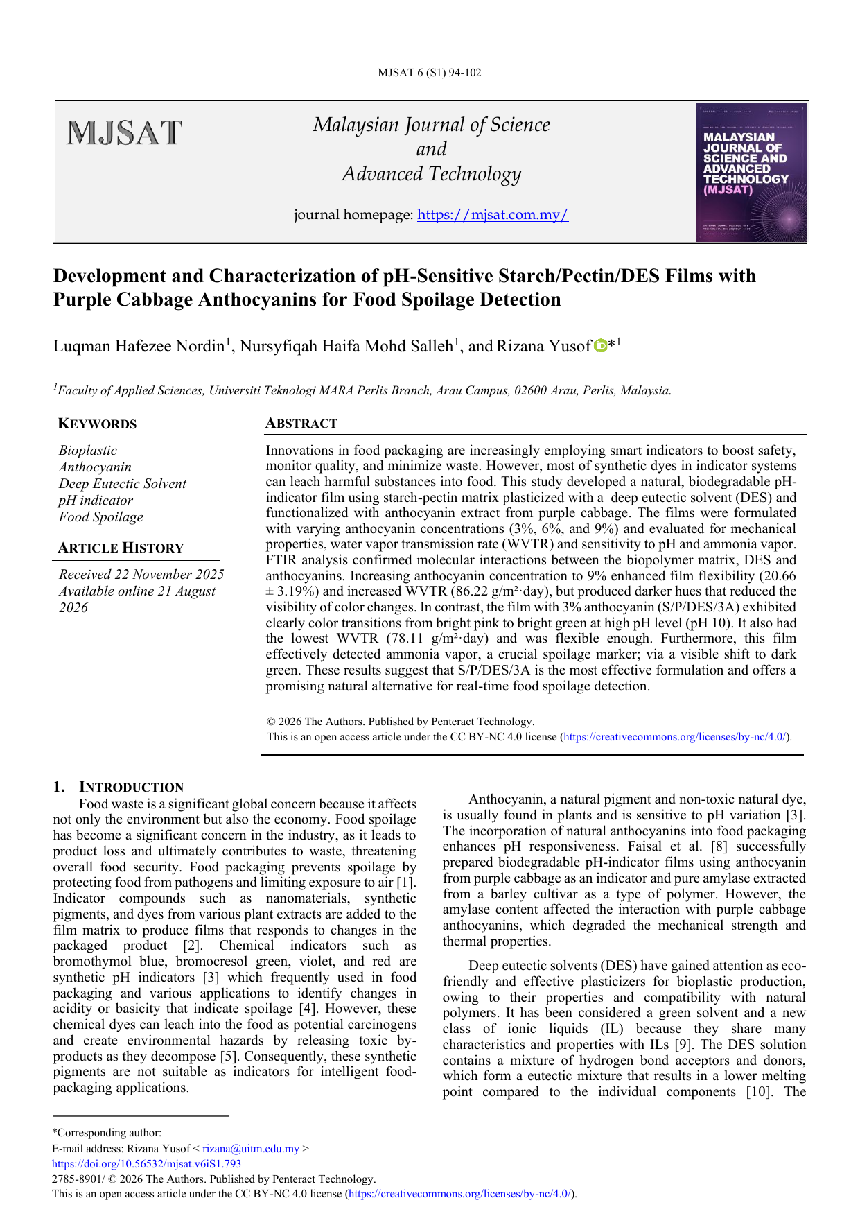 Development and Characterization of pH-Sensitive Starch Pectin DES Films with Purple Cabbage Anthocyanins for Food Spoilage Detection