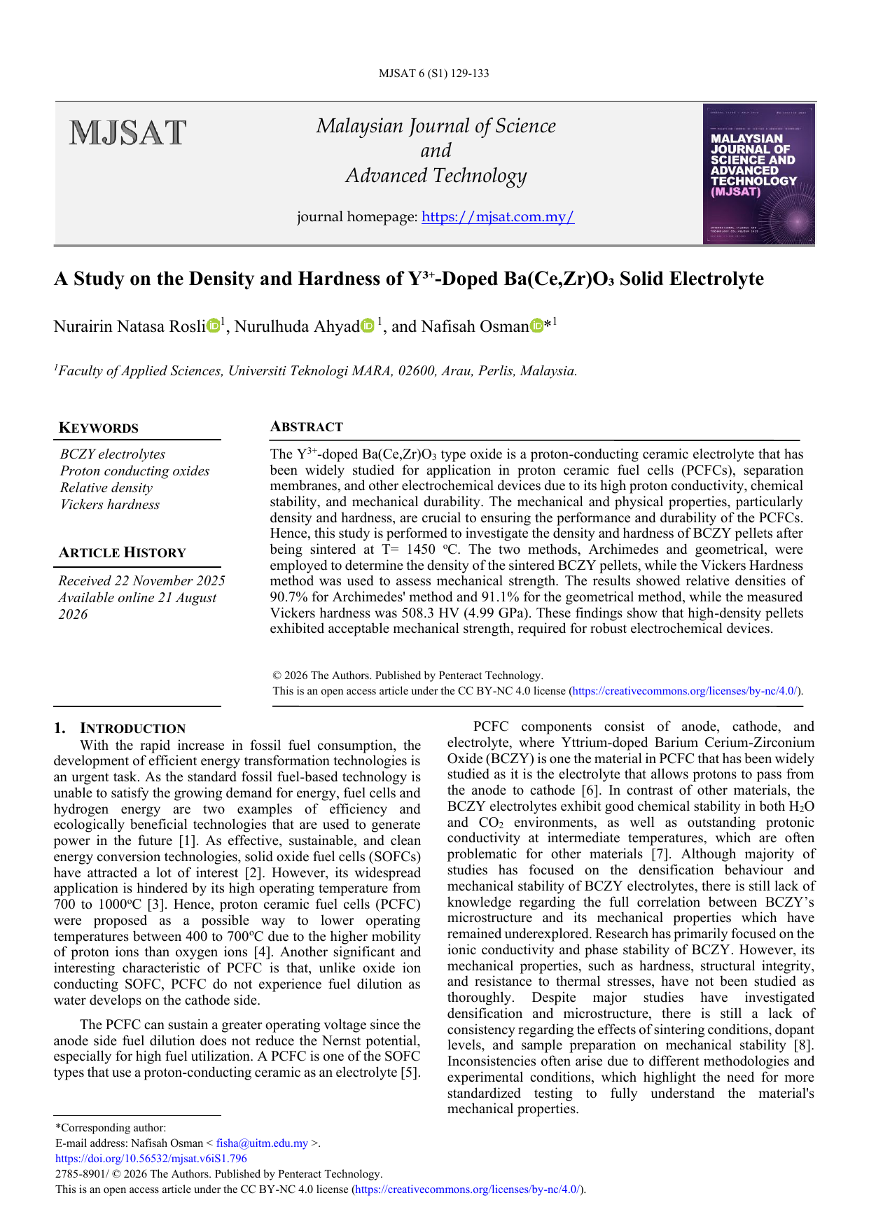 A Study on the Density and Hardness of Y3+-Doped Ba(Ce,Zr)O3 Solid Electrolyte
