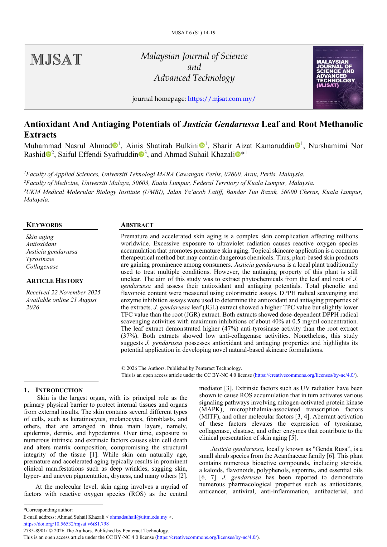 Antioxidant And Antiaging Potentials of Justicia Gendarussa Leaf and Root Methanolic Extracts